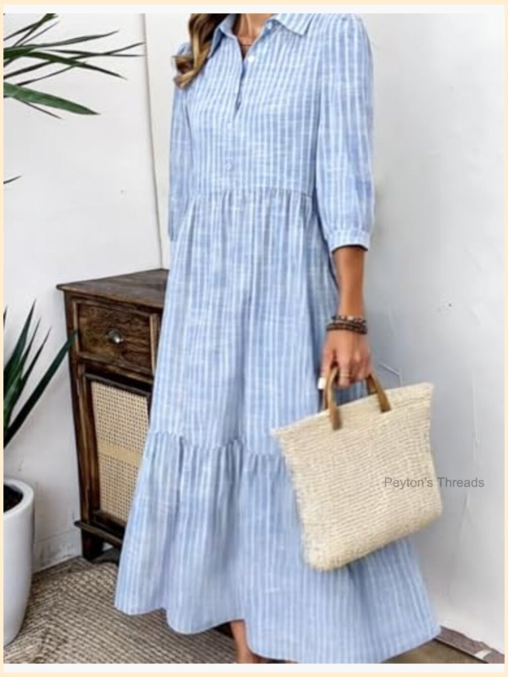 Striped Shirt Maxi Dress with Pockets 3/4 Sleeve V-Neck - Picture 4 of 7